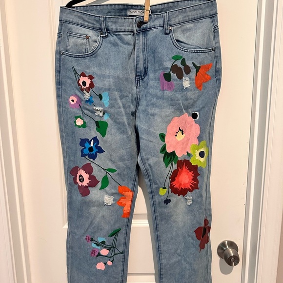 MISSLOOK Blue Straight Leg Jeans with Floral Embellishments - Picture 1 of 4